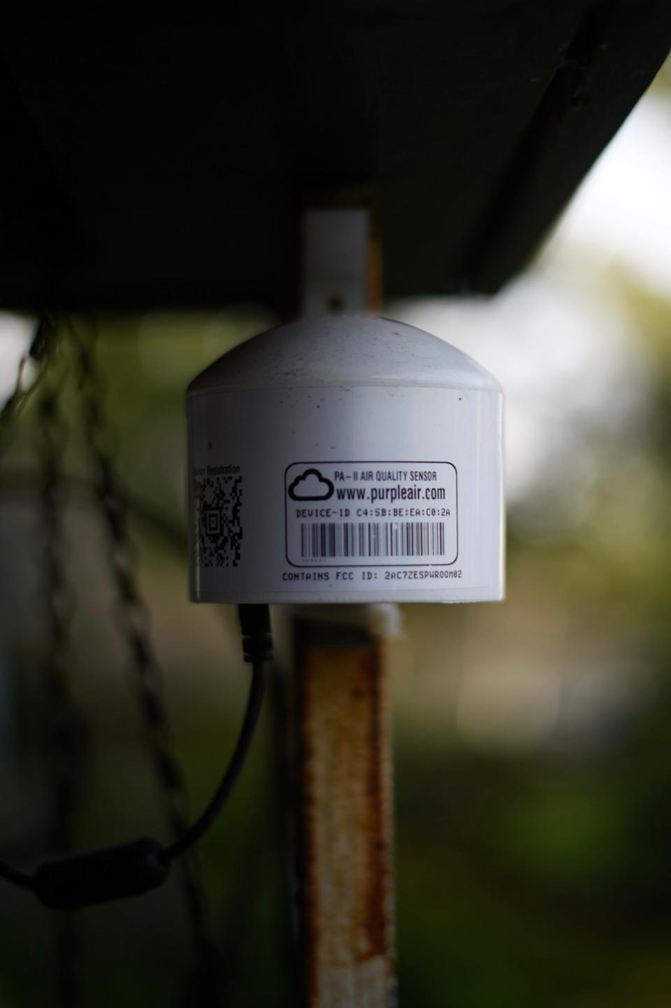 An air monitor installed by a nonprofit. This PurpleAir monitor, located at Carolyn Stone's home, provides residents with real-time information about potentially harmful substances they are breathing.