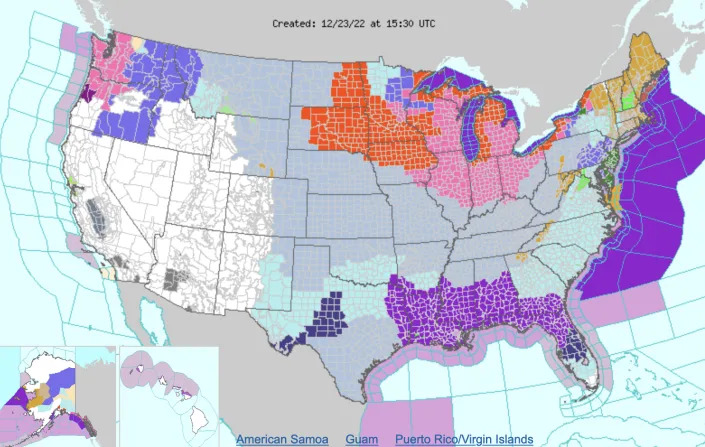 A map showing areas under winter weather advisories. (National Weather Service)