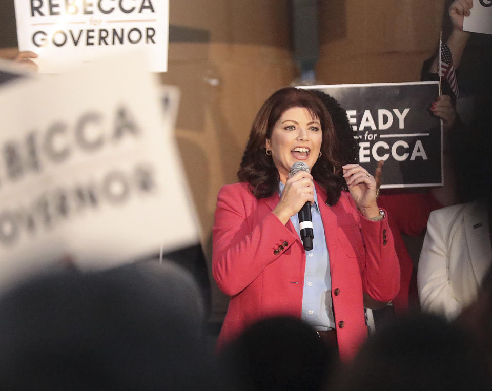 Former Wisconsin Lt. Gov. Rebecca Kleefisch announces her candidacy for office of Governor at Western States Envelope Company in Butler, Wis., Thursday, Sept. 9, 2021. Kleefisch is seeking to take on Gov. Tony Evers next year in a top race for Republicans who control the Wisconsin Legislature but have been blocked by the Democratic incumbent. (John Hart/Wisconsin State Journal via AP)