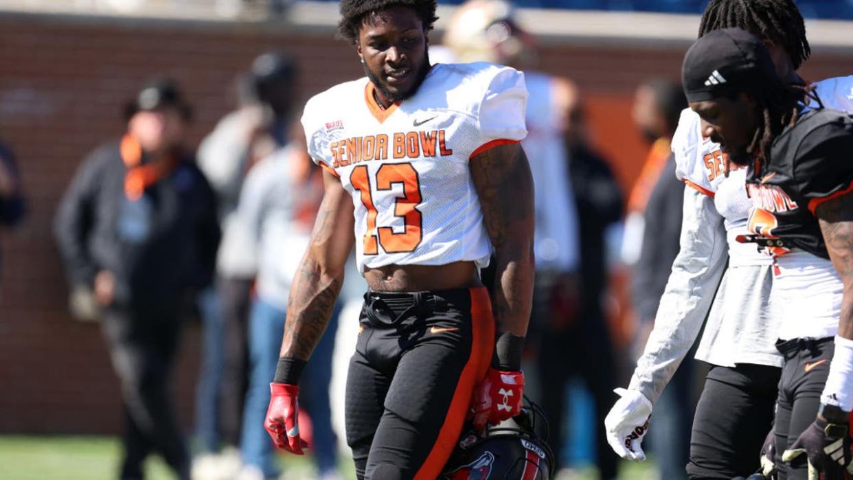 <div>MOBILE, AL - JANUARY 31: American wide receiver Ryan Flournoy of Southeast Missouri (13) during the American Team practice for the Reese's Senior Bowl on January 31, 2024 at Hancock Whitney Stadium in Mobile, Alabama. (Photo by Michael Wade/Icon Sportswire via Getty Images)</div>