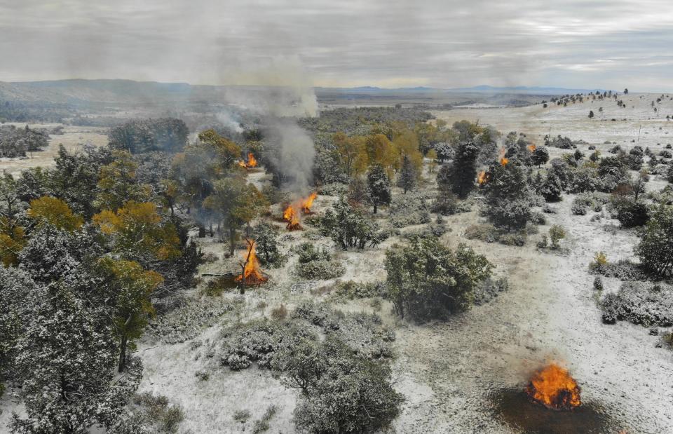 This Oct. 15, 2018, photo, provided by Philmont Scout Ranch shows piles of slash being burned as part of an effort to clear out extra fuel. The historic ranch near Cimarron, New Mexico, is rebuilding following a devastating wildfire that burned nearly 44 square miles in 2018. Backcountry trails were wiped out along with trail camps. (Philmont Scout Ranch via AP)