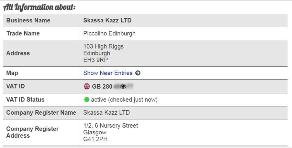 Come si può vedere, Skassa Kazz è una società reale le cui informazioni si possono facilmente rintracciare sul web (screenshot)