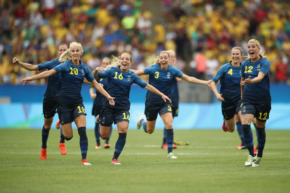 Sweden celebrates after beating Brazil in a shootout in the women's soccer Olympic semifinals Rio de Janeiro. (Getty)