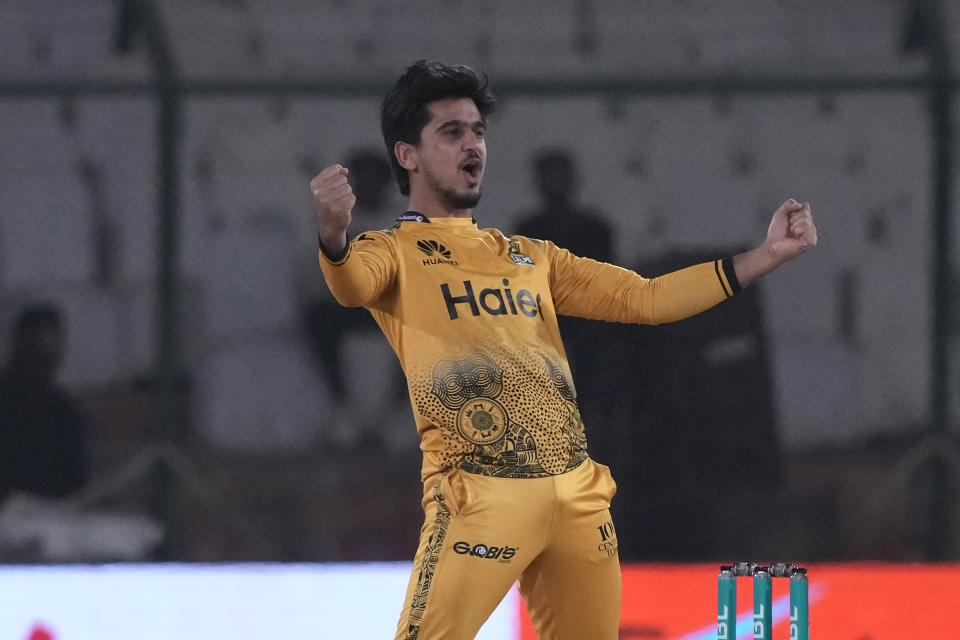 Peshawar Zalmi' Saim Ayub celebrates after the wicket during the Pakistan Super League T20 cricket eliminator match between Islamabad United and Peshawar Zalmi, in Karachi, Pakistan, Saturday, March 16, 2024. (AP Photo/Fareed Khan)