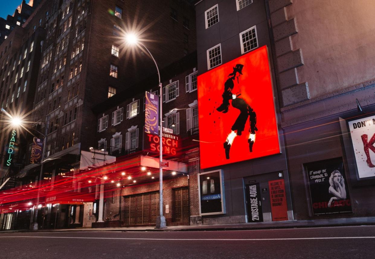 A billboard in New York promoting "MJ The Musical." The image is also used on the cover of the Playbill for the show.