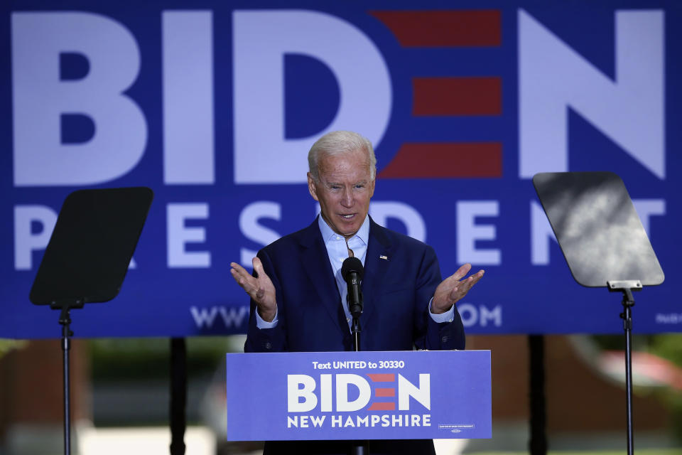 Democratic presidential candidate former Vice President Joe Biden speaks during a campaign event at Keene State College in Keene, N.H., Saturday, Aug. 24, 2019. (AP Photo/Michael Dwyer)