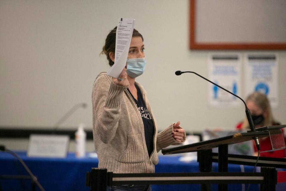 Sarah Demauro, of Coral Springs, a parent and co-chair of Moms for Liberty, speaks against Broward Schools’ mask mandate during a meeting of the Broward County School Board Oct. 26, 2021. During the special meeting, the board voted to keep the current mask mandate in place for elementary and middle school students but to relax the policy for high school students, starting Monday, Nov. 1.