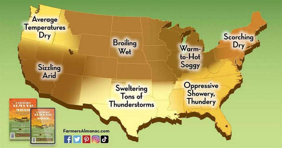 A map of the U.S. that shows the long-range summer forecast, according to Farmers’ Almanac.