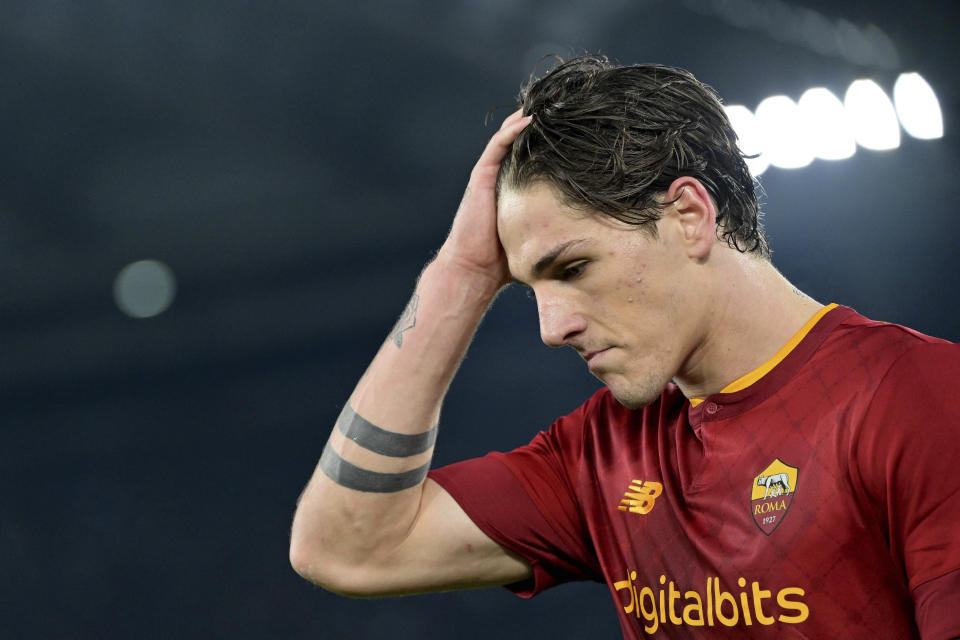 Roma's Nicolo' Zaniolo looks on during the match between AS Roma and Genoa at the Olimpic Stadium in Rome, Italy, Jan. 12, 2023. Premier League players Sandro Tonali and Nicolò Zaniolo were sent back to their clubs from Italy’s training camp on Thursday, Oct. 12, 2023 after being notified by police of involvement in a betting investigation. (Alfredo Falcone/LaPresse via AP)