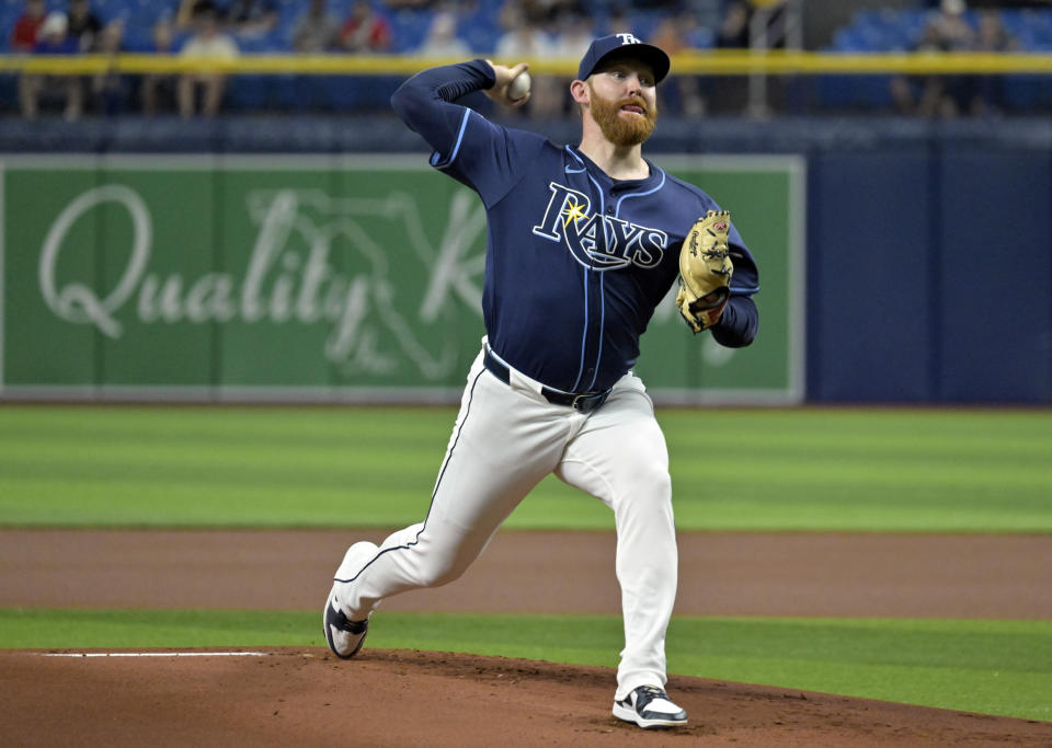 Tampa Bay Rays starter Zack Littell pitches to a Los Angeles Angels batter during the first inning of a baseball game Wednesday, April 17, 2024, in St. Petersburg, Fla. (AP Photo/Steve Nesius)