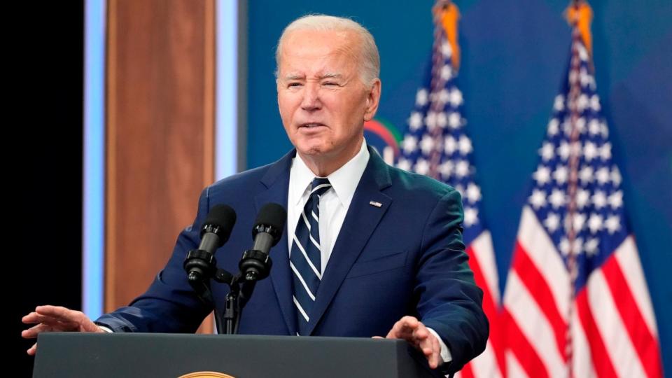 PHOTO: President Joe Biden speaks to the National Action Network Convention remotely from the South Court Auditorium of the White House, April 12, 2024. (Alex Brandon/AP)