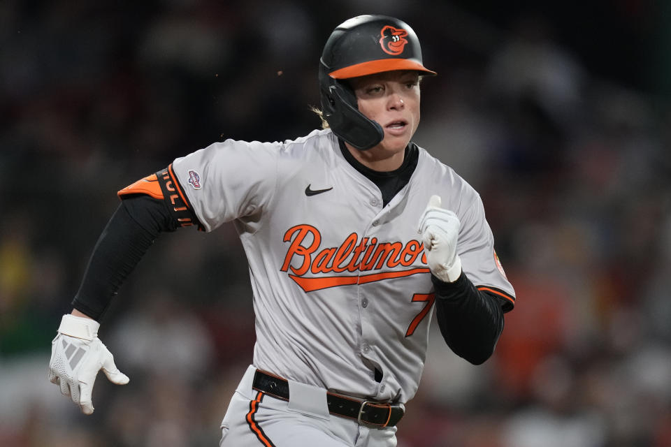 Baltimore Orioles' Jackson Holliday grounds into a force out during the fifth inning of a baseball game against the Boston Red Sox, Wednesday, April 10, 2024, in Boston. (AP Photo/Charles Krupa)