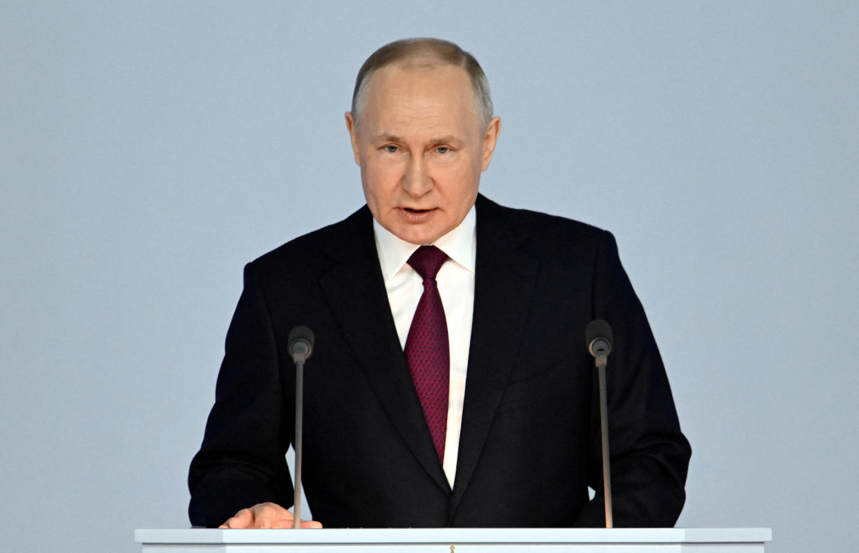 Russian President Vladimir Putin delivers his annual address to the Federal Assembly in Moscow, Russia February 21, 2023. Sputnik/Pavel Bednyakov/Kremlin via REUTERS ATTENTION EDITORS - THIS IMAGE WAS PROVIDED BY A THIRD PARTY.