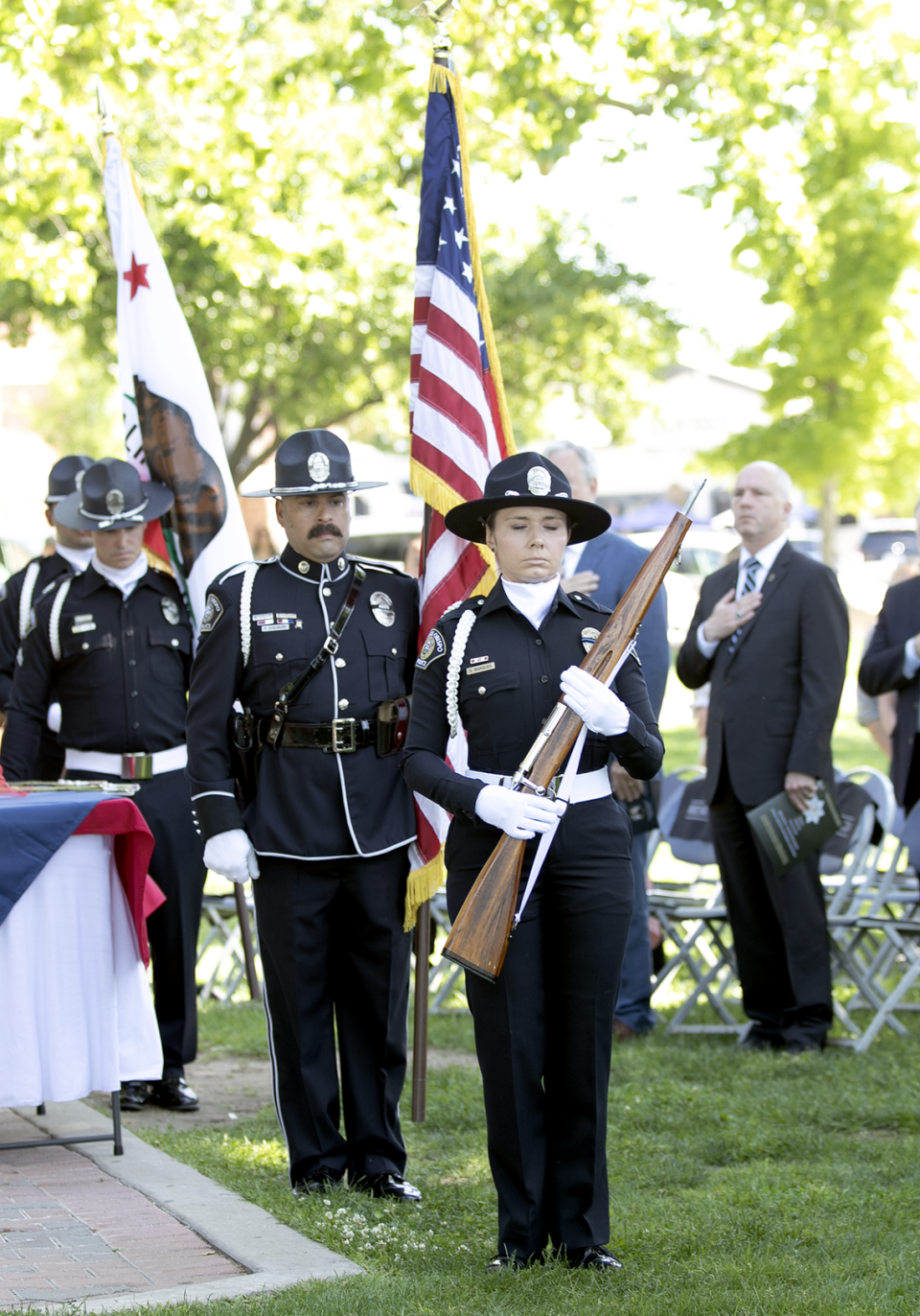The Peace Officers’ Memorial was held at the Paso Robles Downtown City Park on Wednesday, May 17, 2023. Here, the Honor Guard leaves with the flags.