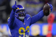 Los Angeles Rams defensive tackle Marquise Copeland (93) celebrates after intercepting a pass against the Arizona Cardinals during the first half of an NFL wild-card playoff football game in Inglewood, Calif., Monday, Jan. 17, 2022. (AP Photo/Mark J. Terrill)