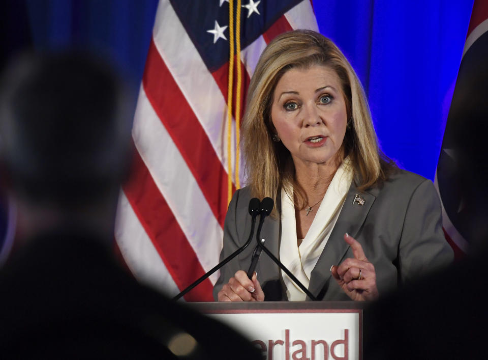 Republican candidate Marsha Blackburn speaks at the 2018 Tennessee U.S. Senate Debate against Democratic candidate and former Gov. Phil Bredesen at Cumberland University Tuesday, Sept. 25, 2018, in Lebanon, Tenn. (Lacy Atkins/The Tennessean via AP, Pool)