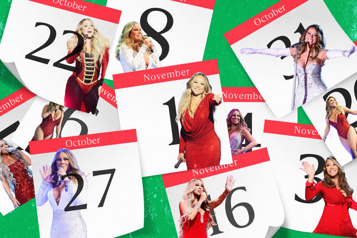 A photo illustration showing a dozen individual images of Mariah Carey, each on a calendar day page