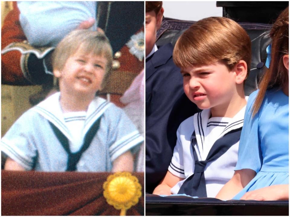 A young Prince William in 1985 (left) and his youngest son, Prince Louis, at the Trooping the Colour 2022 parade (PA)