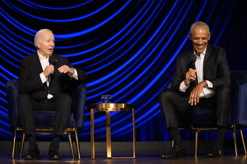 President Joe Biden speaks during a campaign event with former President Barack Obama at the Peacock Theater, Saturday, June 15, 2024, in Los Angeles. (AP Photo/Alex Brandon)