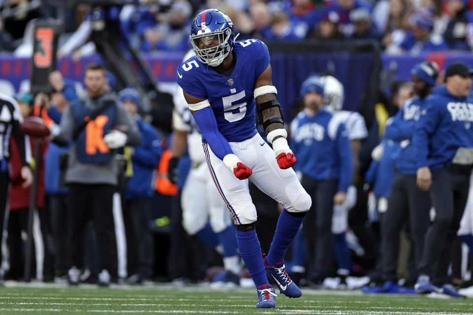 New York Giants defensive end Kayvon Thibodeaux (5) reacts during an NFL football game against the Indianapolis Colts, Sunday, Jan. 1, 2023, in East Rutherford, N.J. (AP Photo/Adam Hunger)