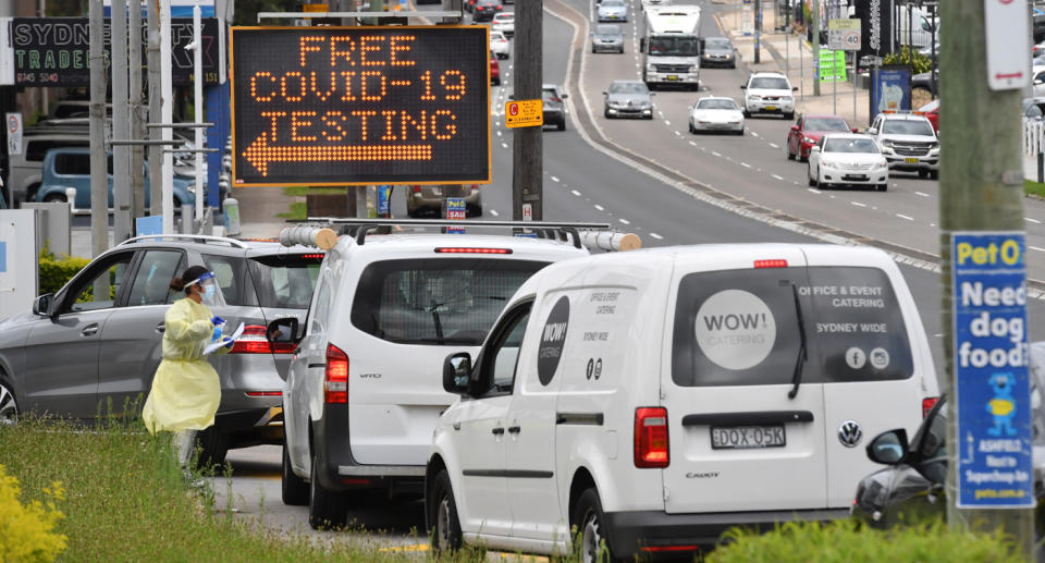 A line of cars waiting to get tested for Covid-19 in Sydney