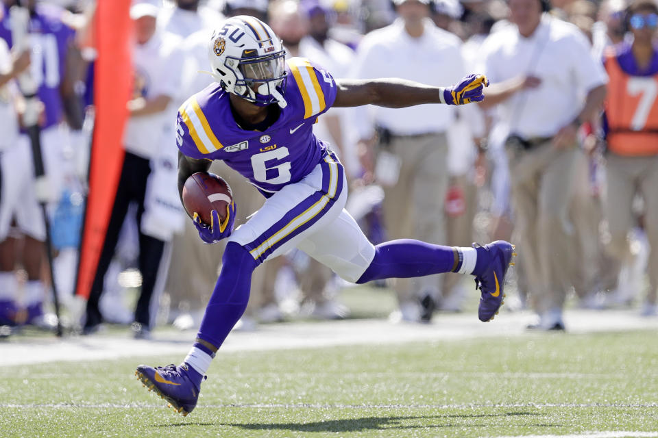 LSU wide receiver Terrace Marshall Jr. carries the ball against Vanderbilt in the first half of an NCAA college football game Saturday, Sept. 21, 2019, in Nashville, Tenn. (AP Photo/Mark Humphrey)