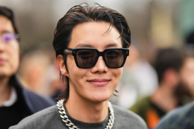 J-Hope of BTS is seen outside Dior, during the Paris Fashion Week - Menswear Fall Winter 2023 2024 : Day Four on January 20, 2023 in Paris, France.  - Credit: Edward Berthelot/Getty Images