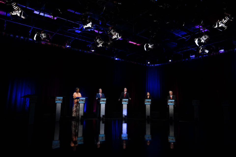 Georgia Republican gubernatorial candidates participate in a primary debate, Sunday, May 1, 2022, in Atlanta. (AP Photo/Brynn Anderson, Pool)