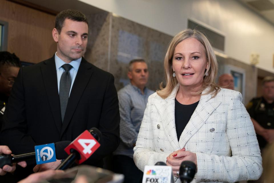 Oakland County Prosecutor Karen McDonald speaks to the press after the sentencing of the Oxford School shooter in the courtroom of Judge Kwame Rowe a at the Oakland County Courthouse on Friday, Dec. 08, 2023.