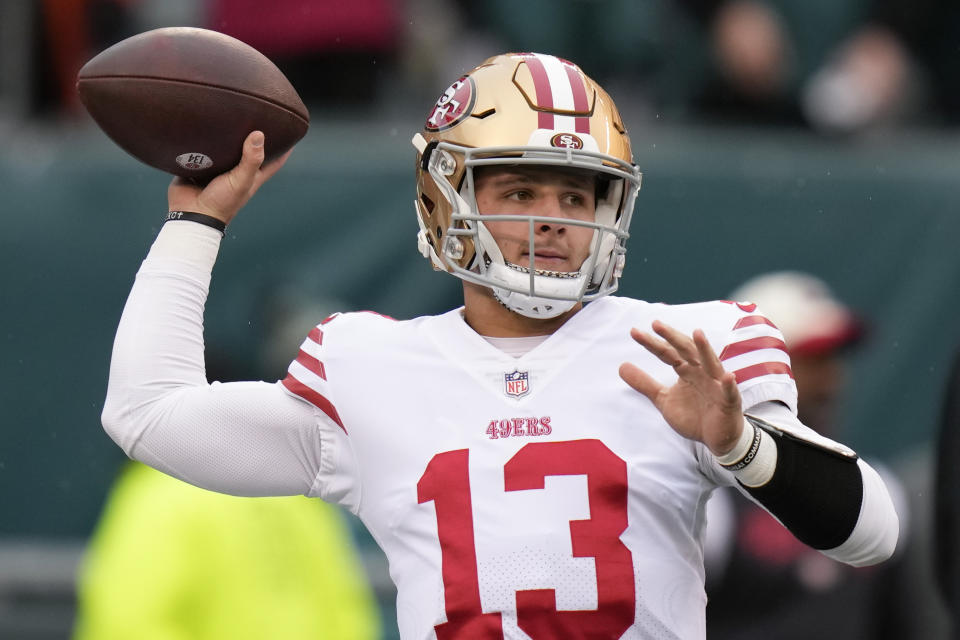 San Francisco 49ers quarterback Brock Purdy warms up before the NFC Championship NFL football game between the Philadelphia Eagles and the San Francisco 49ers on Sunday, Jan. 29, 2023, in Philadelphia. (AP Photo/Seth Wenig)