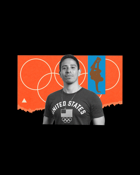 Collage of Victor Montalvo in front of Olympics logo