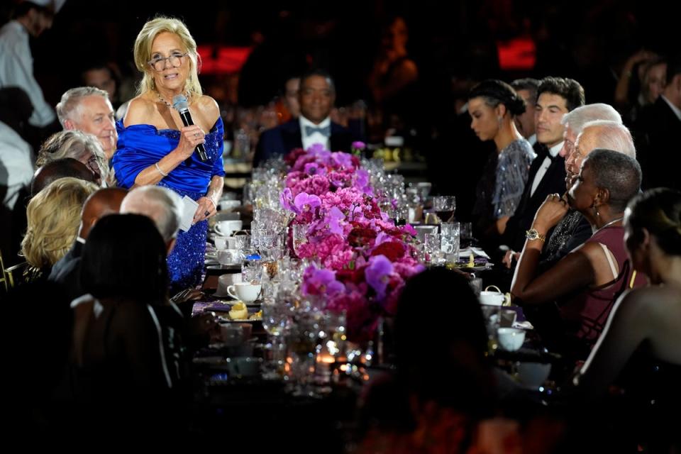 First Lady Jill Biden speaks before county music performer Brad Paisley sings during the State Dinner (AP)