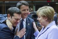 Greek Prime Minister Alexis Tsipras (L-R), Italian Prime Minister Matteo Renzi and German Chancellor Angela Merkel attend a European Union leaders summit in Brussels, Belgium, June 25, 2015. REUTERS/Yves Herman