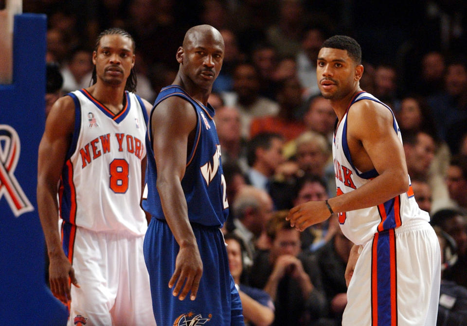 The Washington Wizards Michael Jordan returns to the NBA as a player against the New York Knicks. Also pictured is Latrell Sprewell and Allan Houston. (Photo by KMazur/WireImage)