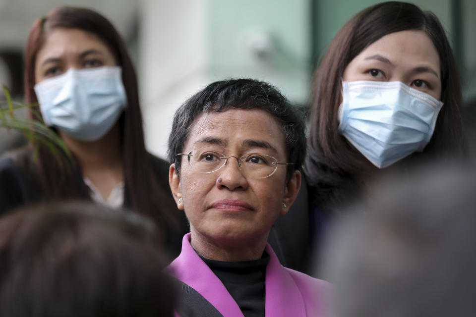 Filipino journalist Maria Ressa, one of the winners of the 2021 Nobel Peace Prize and Rappler CEO, speaks to the media after a court decision at the Court of Tax Appeals in Quezon City, Philippines Wednesday, Jan. 18, 2023. The tax court on Wednesday cleared Ressa and her online news company of tax evasion charges she said were part of a slew of legal cases used by former President Rodrigo Duterte to muzzle critical reporting. (AP Photo/Basilio Sepe)