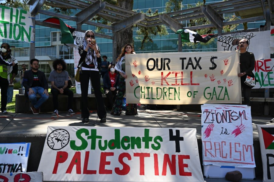 SAN FRANCISCO, CALIFORNIA – APRIL 29: Organizer student Ziniab Imtair speaks as hundreds of students are gathered at San Francisco State University (SFSU) to protest Israeli attacks on Gaza, in Stanford, California, United States on April 29, 2024. (Photo by Tayfun Coskun/Anadolu via Getty Images)