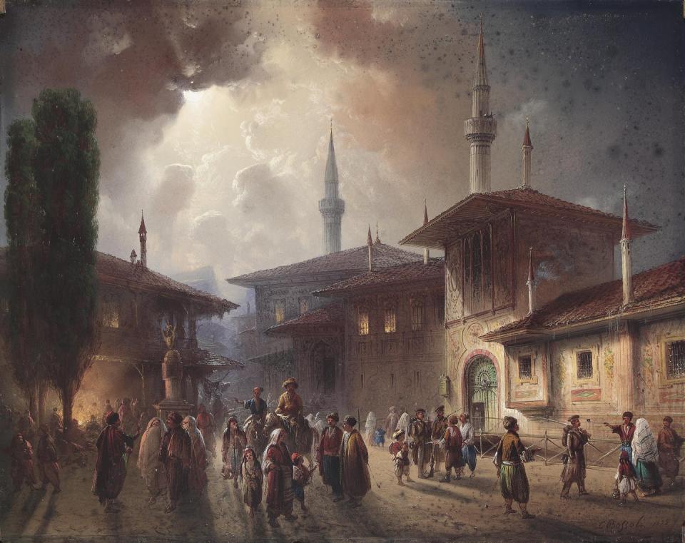 <span class="caption">The Khan’s palace in Bakhchesaray painted by Carlo Bossoli, 1857.</span> <span class="attribution"><a class="link " href="https://commons.wikimedia.org/wiki/File:Carlo_Bossoli_Khanpalast_von_Bachcisaraj_1857.jpg" rel="nofollow noopener" target="_blank" data-ylk="slk:Carlo Bossoli (1815–1884);elm:context_link;itc:0;sec:content-canvas">Carlo Bossoli (1815–1884)</a></span>
