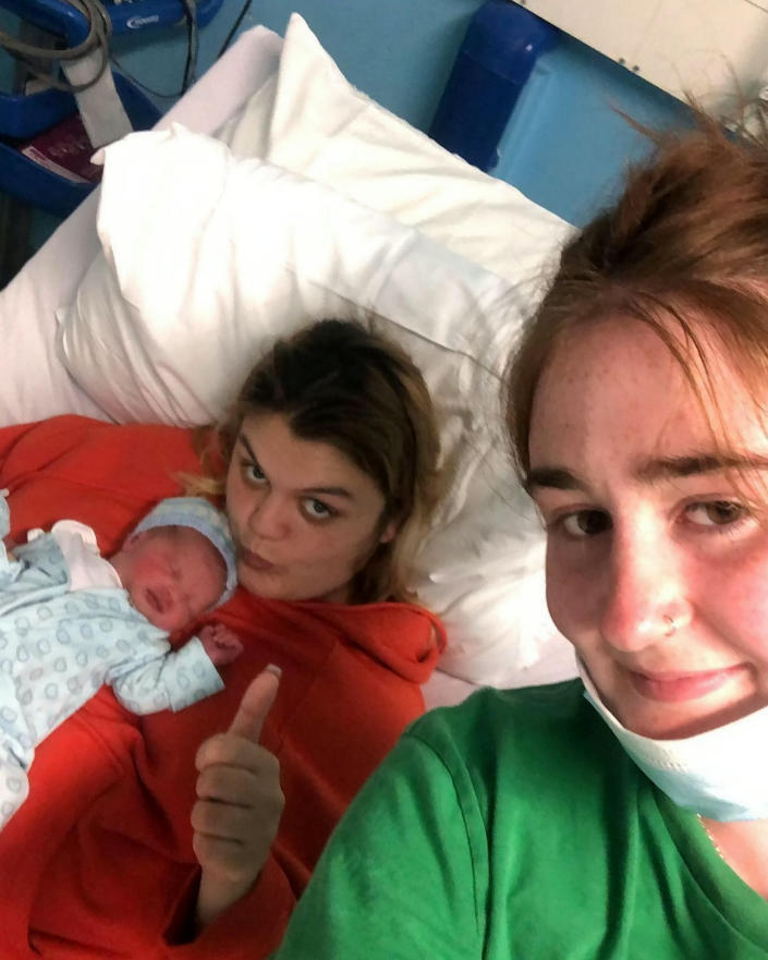 Davis and her baby Freddie, pictured with friend, Liv King, at Princess Anne Hospital, Southampton. (SWNS)