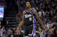 Sacramento Kings guard Malik Monk reacts during the second half of the team's NBA basketball game against the Los Angeles Lakers in Sacramento, Calif, Wednesday, March 13, 2024. (AP Photo/Jed Jacobsohn)