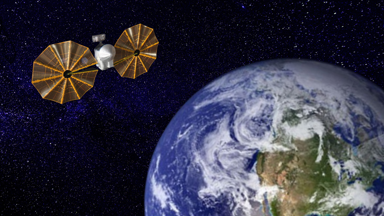  Illustration of a spacecraft with large golden solar arrays near earth. 