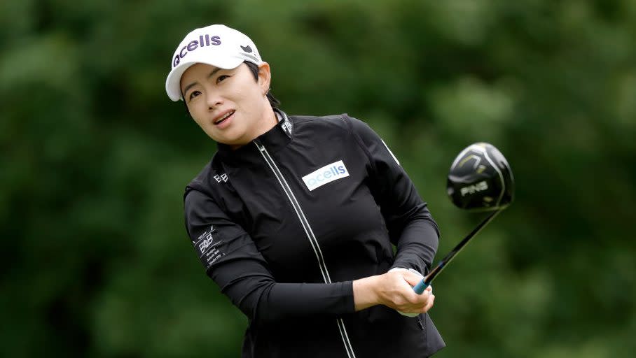 Eun-Hee Ji of South Korea plays her shot from the second tee during the final round of The 2023 Chevron Championship.