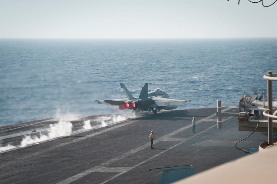 An F/A-18E Super Hornet launches from the flight deck of the Nimitz-class aircraft carrier USS Dwight D. Eisenhower in the Red Sea on April 12.