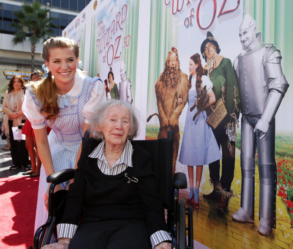 This Sept. 15, 2013 photo provided by Warner Bros. Home Entertainment shows Danielle Wade, left, and Ruth Duccini at Warner Bros. world premiere screening of "The Wizard of Oz" in IMAX 3D and the grand opening of the newly converted TCL Chinese Theatre IMAX in the Hollywood section, of Los Angeles. Ruth Robinson Duccini, one of the original Munchkins from the 1939 movie "The Wizard of Oz," has died, Thursday, Jan. 16, 2014. She was 95. (AP Photo/Warner Bros. Home Entertainment/, Eric Charbonneau)