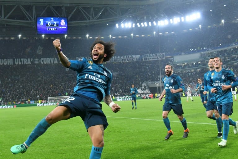 Marcelo celebrates scoring Real Madrid's third goal against Juventus