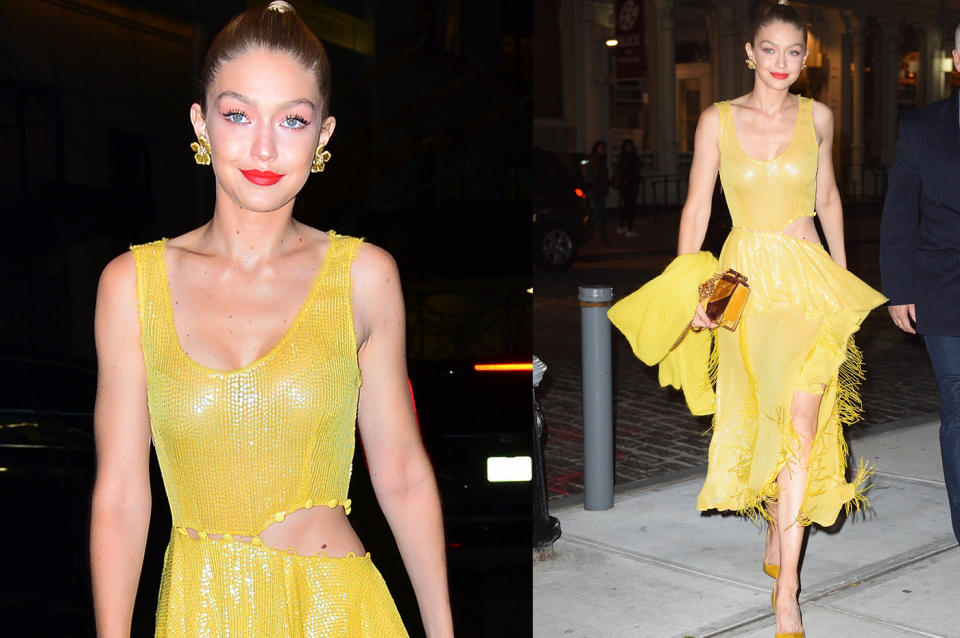 <p>Sie punktet in Sachen „Monochrom“ gerade auf ganzer Linie: In einem gelben Cutout-Kleid von Prabal Gurung zeigte sich Model Gigi Hadid während der Filmpremiere zu „All I See Is You“ in New York. (Bild: Splash News) </p>