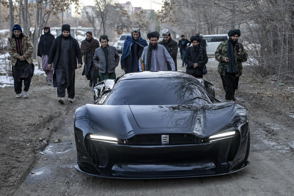 A first Afghan made sports car is seen outside the Entop car studio in Kabul, Afghanistan, Friday, Jan. 13, 2023. (AP Photo/Ebrahim Noroozi)