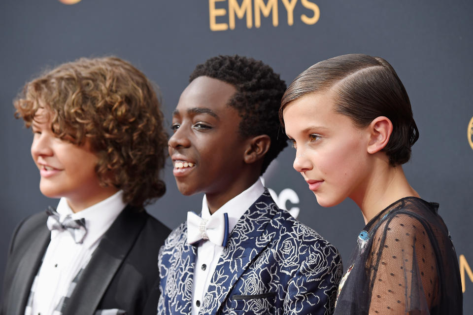 LOS ANGELES, CA - SEPTEMBER 18:  (L-R) Actors Gaten Matarazzo, Caleb McLaughlin and Millie Bobby Brown attend the 68th Annual Primetime Emmy Awards at Microsoft Theater on September 18, 2016 in Los Angeles, California.  (Photo by Frazer Harrison/Getty Images)