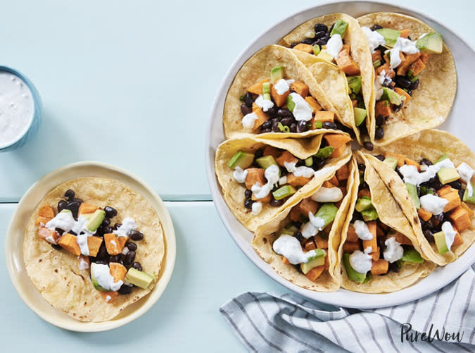 Sweet Potato and Black Bean Tacos with Blue Cheese Crema