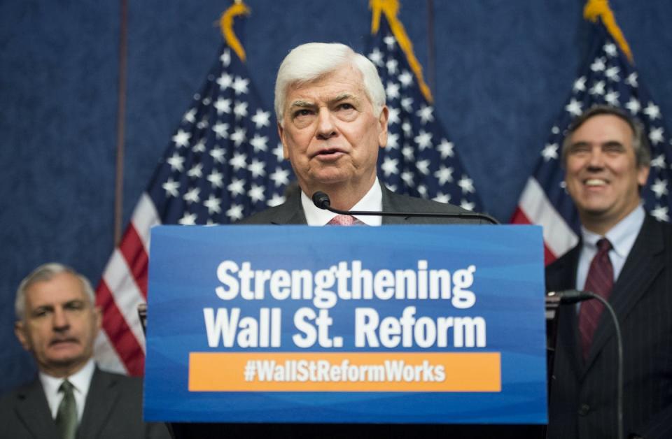 Former Sen. Chris Dodd speaks at a news conference on July 21, 2015, to mark the fifth anniversary of the Dodd-Frank Wall Street Reform and Consumer Protection Act. <a href="https://www.gettyimages.com/detail/news-photo/former-sen-chris-dodd-d-conn-speaks-during-the-senate-news-photo/481492264" rel="nofollow noopener" target="_blank" data-ylk="slk:Bill Clark/CQ Roll Call via Getty Images;elm:context_link;itc:0;sec:content-canvas" class="link ">Bill Clark/CQ Roll Call via Getty Images</a>