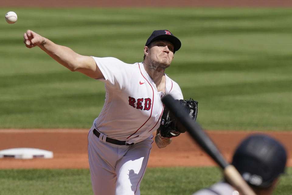 Boston Red Sox's Tanner Houck delivers a pitch against the New York Yankees in the first inning of a baseball game, Sunday, Sept. 20, 2020, in Boston. (AP Photo/Steven Senne)